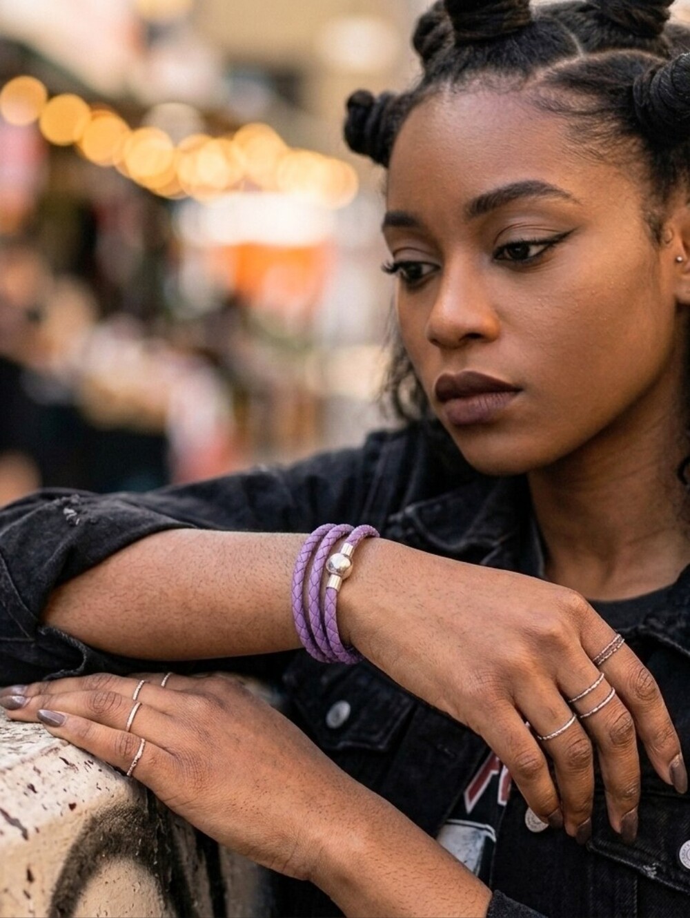 Linx Triple Purple Leather Braided Cord Bracelet with Magnetic Clasp